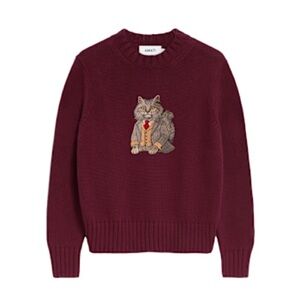 Amati Longhair Cat Embroidered Cotton Knit Sweater - Burgundy Sz L
